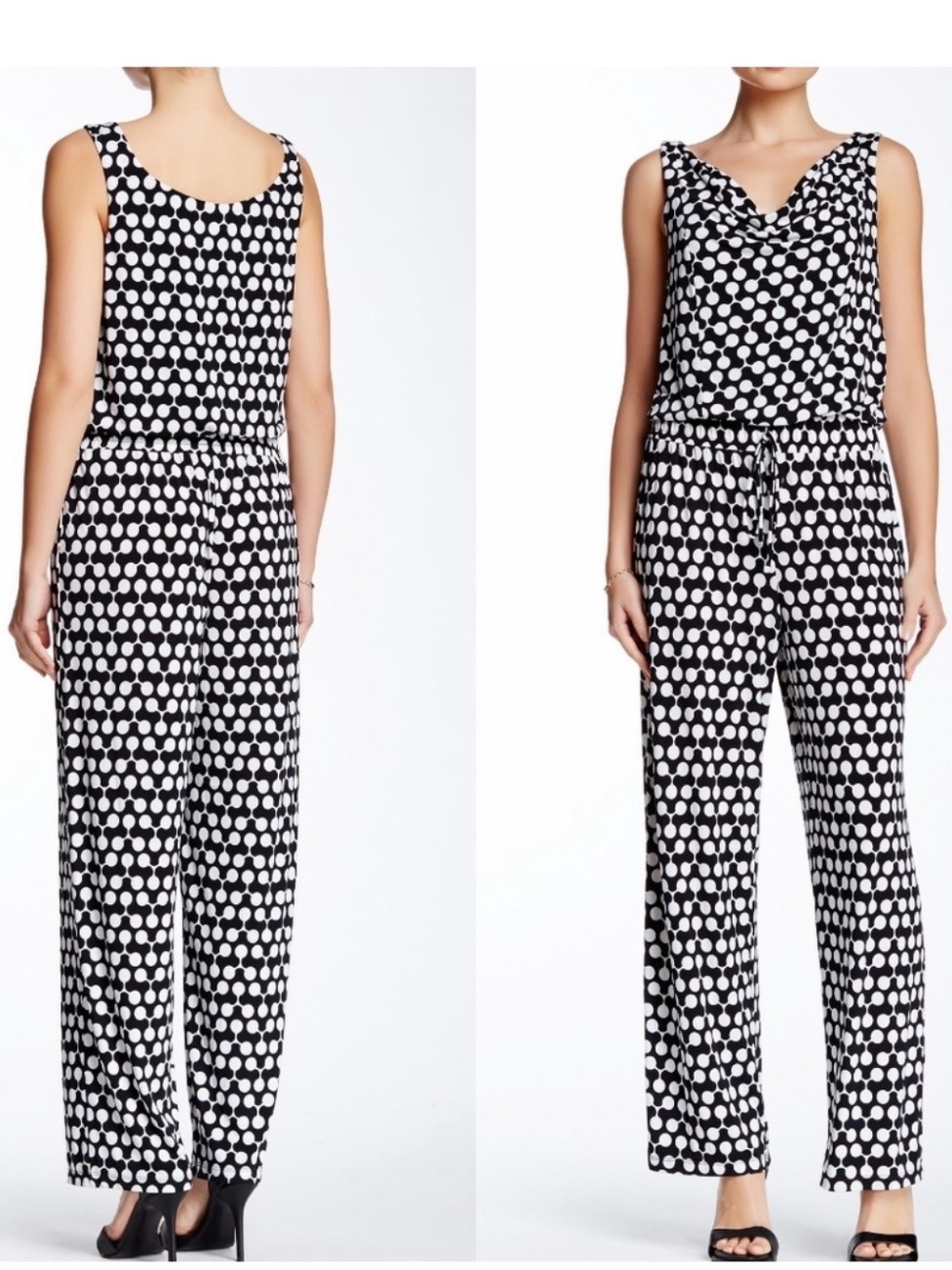 London Times jumpsuit black white cowl polka dot medium